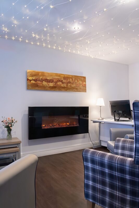 A room view featuring a checkered armchair and an electric fireplace.