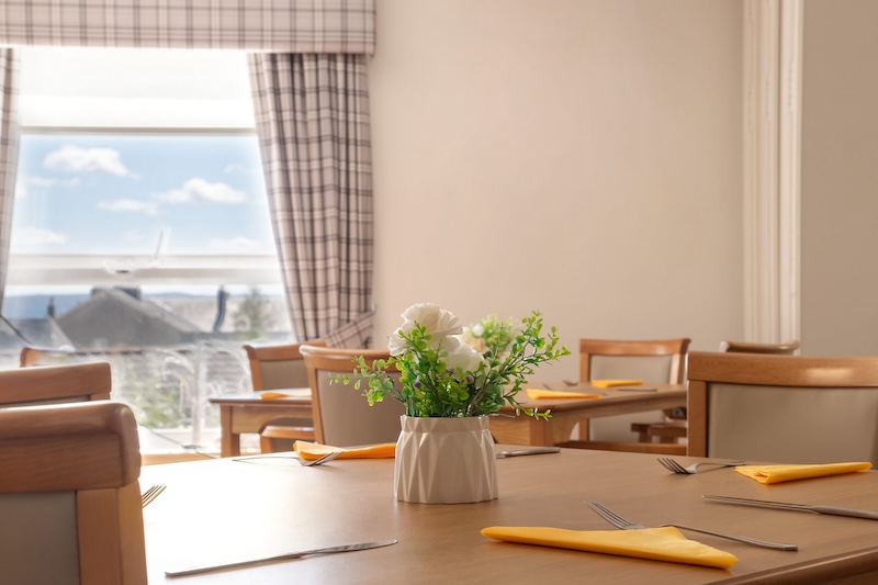 A dining table with checkered curtains at the window.